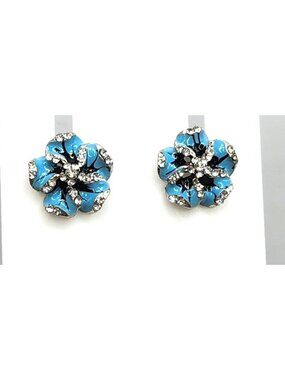 Blue Enamel & Rhinestone Flower Stud Earrings Silver-Tone Sparkling Design